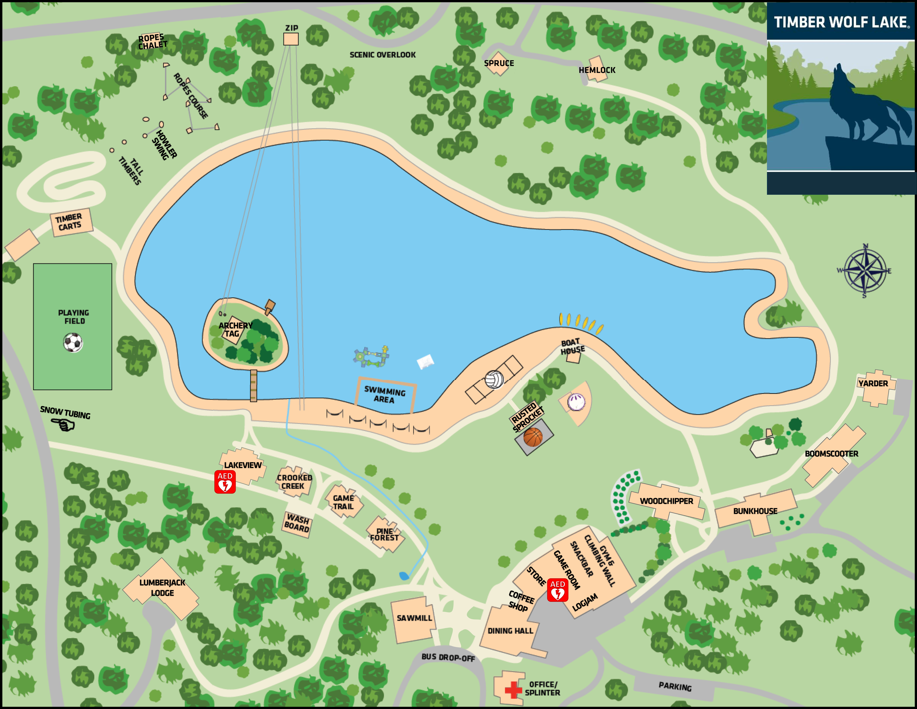 Illustrated map of Timber Wolf Lake camp in Lake City, Michigan — cabins, the lake, dining hall, playing field and lakeside activities
