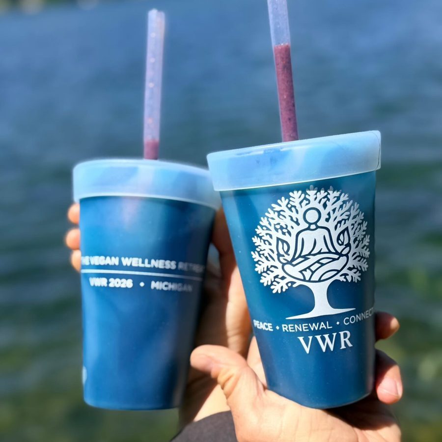 Two guests raising berry smoothies in VWR 2026 Michigan cups by the lake