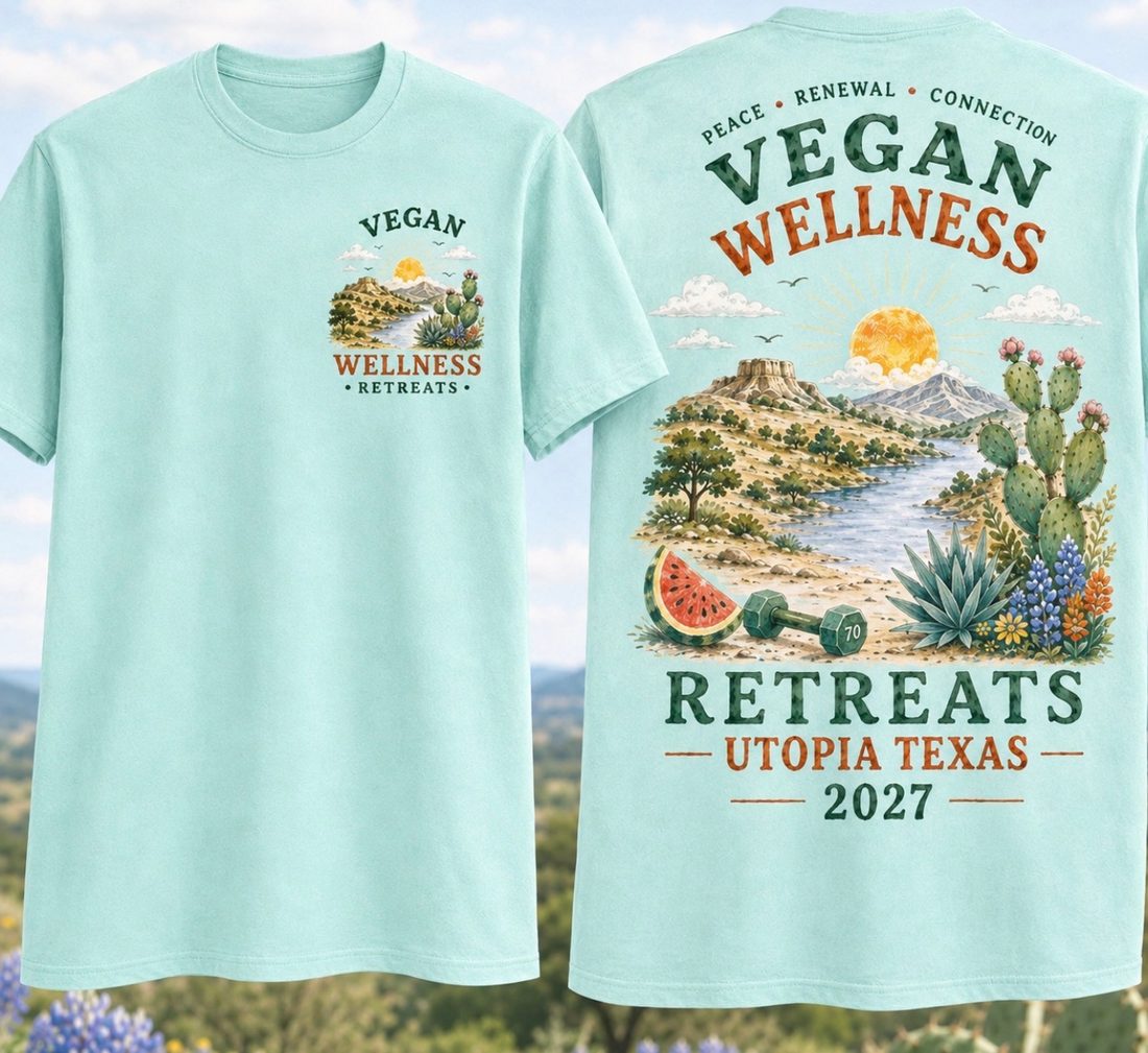 Front and back of the 2027 Vegan Wellness Retreats Texas shirt